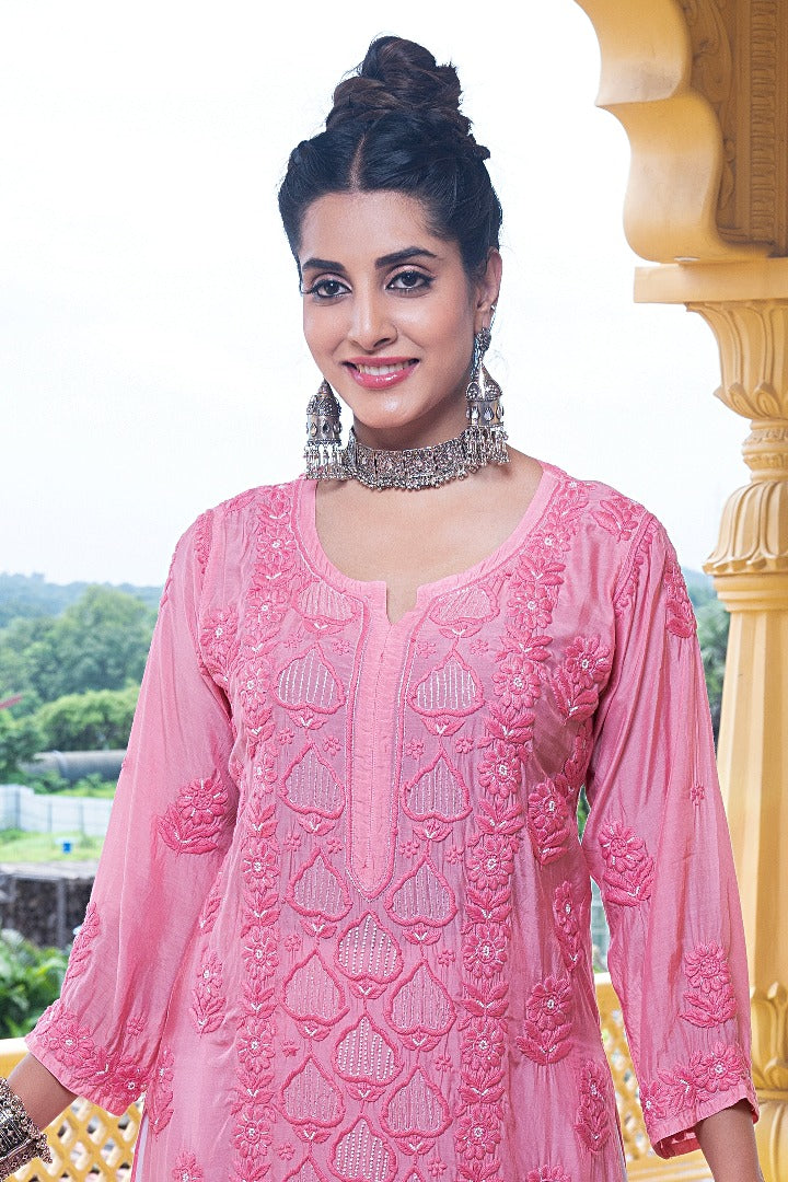 Eshaal  Chikankari Muzlin Pearl Work Kurti