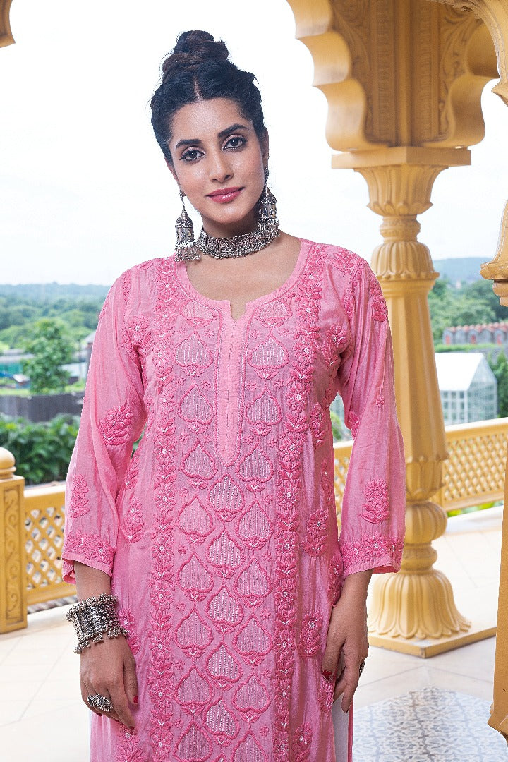 Eshaal  Chikankari Muzlin Pearl Work Kurti