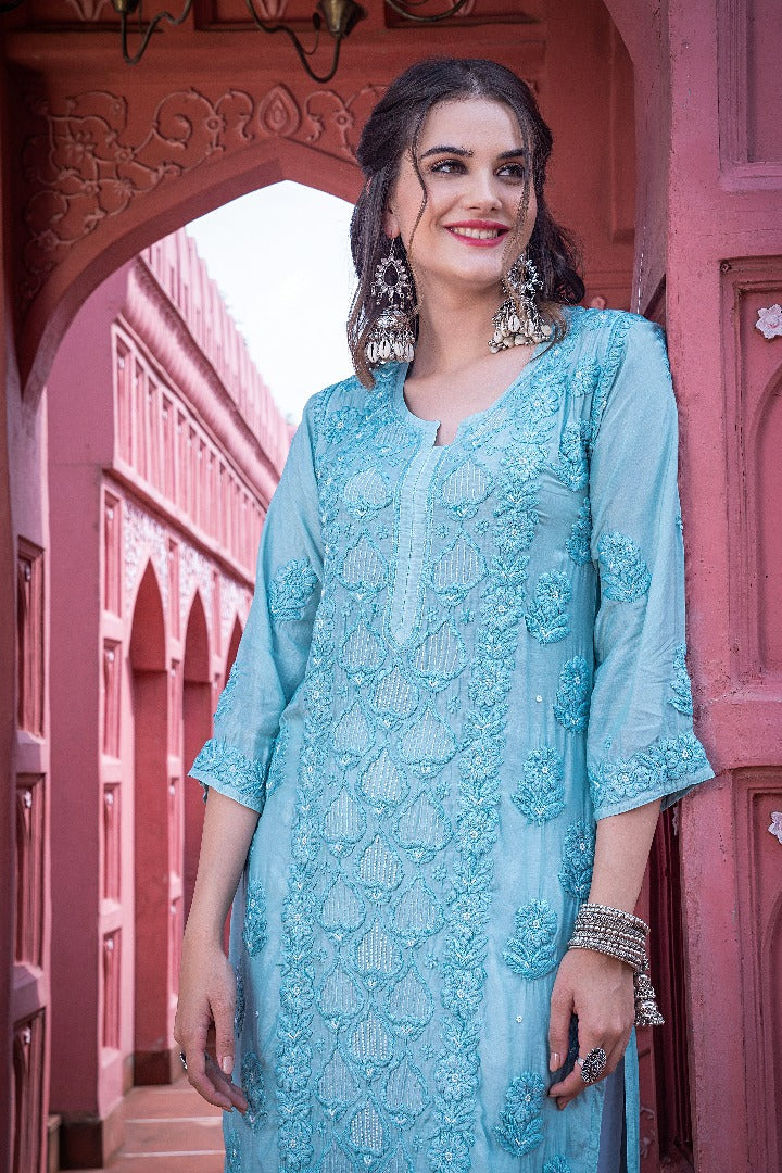 Eshaal  Chikankari Muzlin Pearl Work Kurti