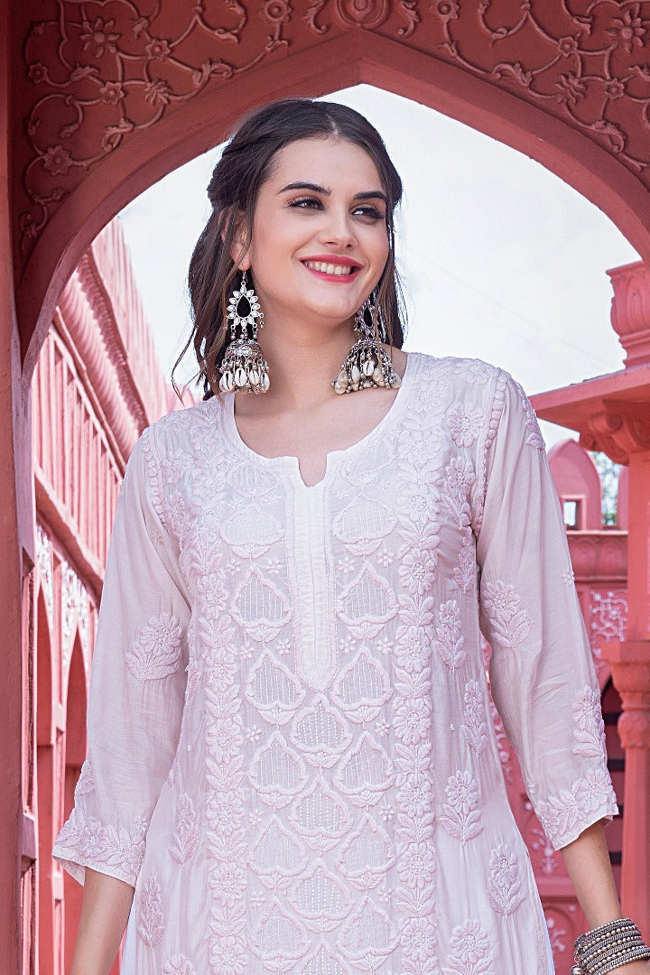 Eshaal  Chikankari Muzlin Pearl Work Kurti