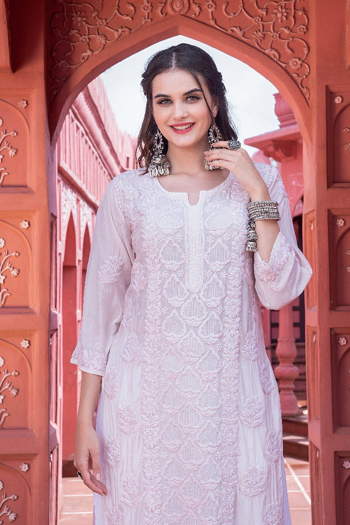 Eshaal  Chikankari Muzlin Pearl Work Kurti