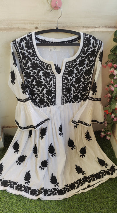 Cotton Chikankari Black & White Short Dress