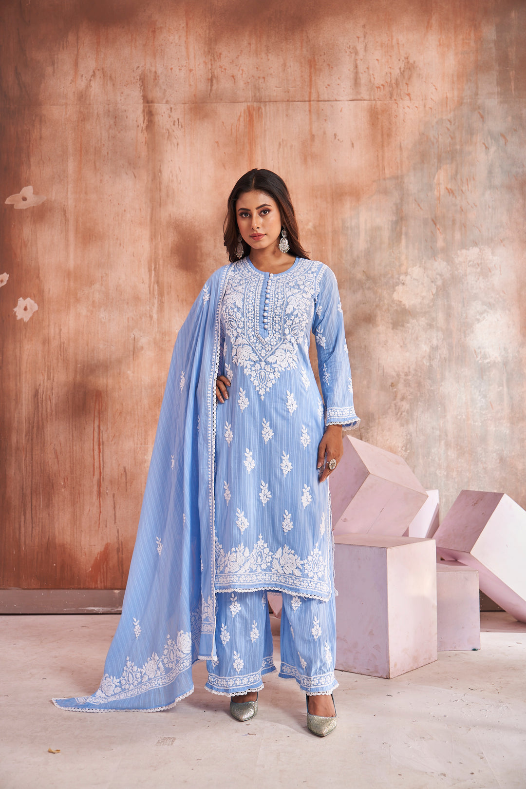 Izah Chikankari Cotton Palazzo Dupatta Set