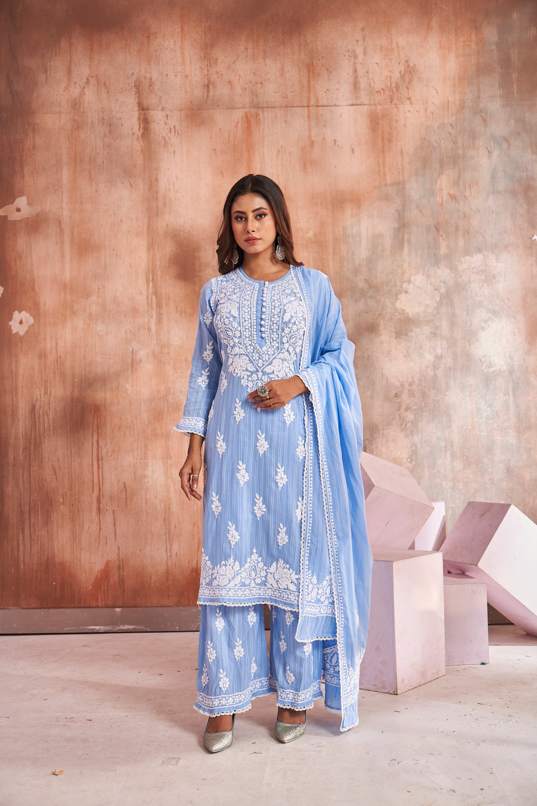 Izah Chikankari Cotton Palazzo Dupatta Set