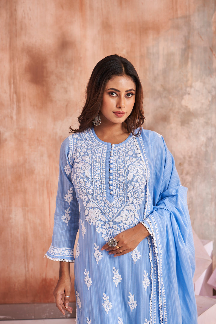 Izah Chikankari Cotton Palazzo Dupatta Set