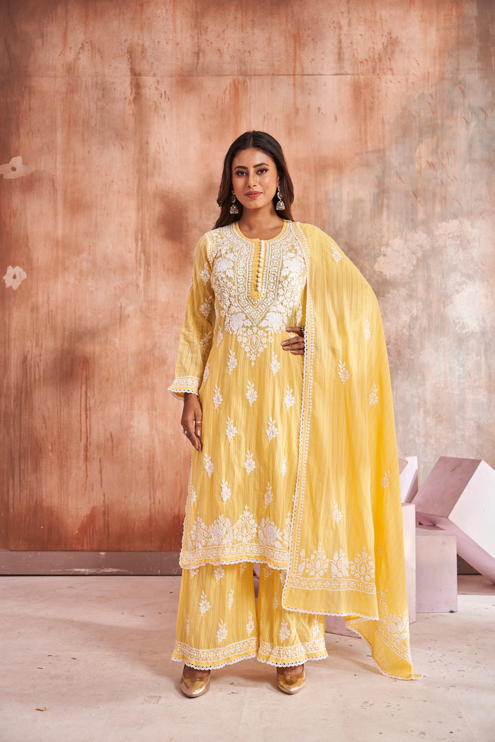 Izah Chikankari Cotton Palazzo Dupatta Set