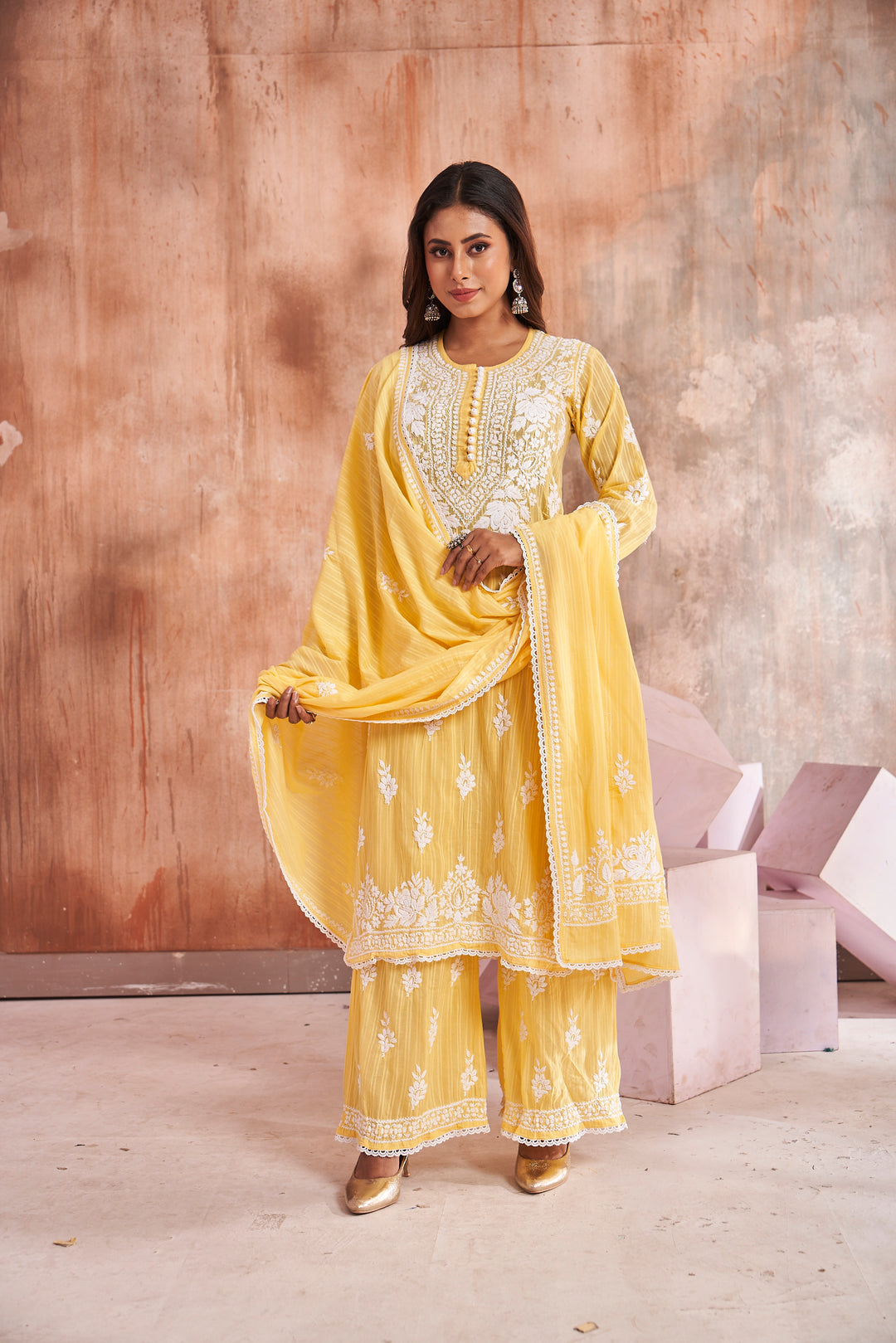 Izah Chikankari Cotton Palazzo Dupatta Set