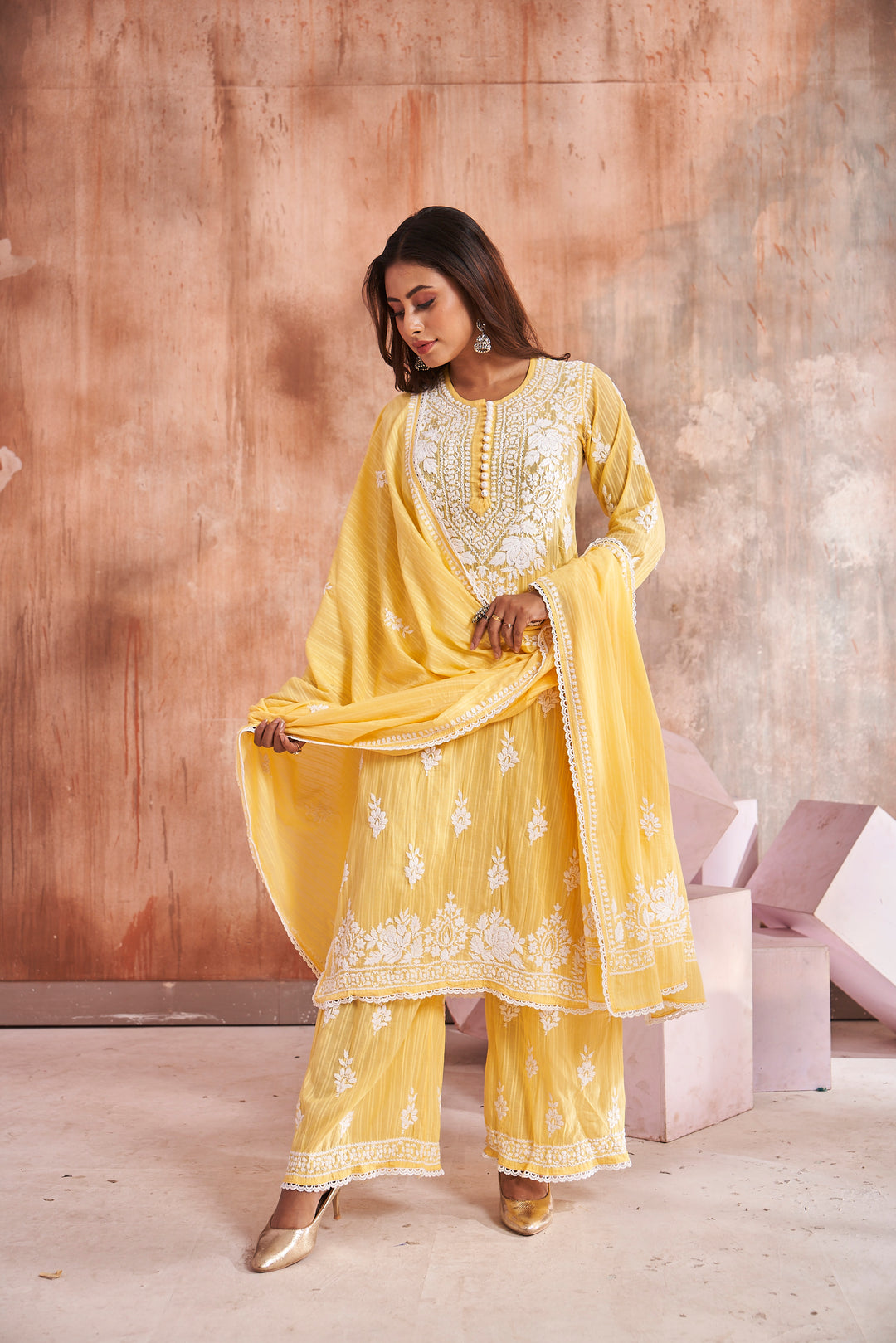 Izah Chikankari Cotton Palazzo Dupatta Set