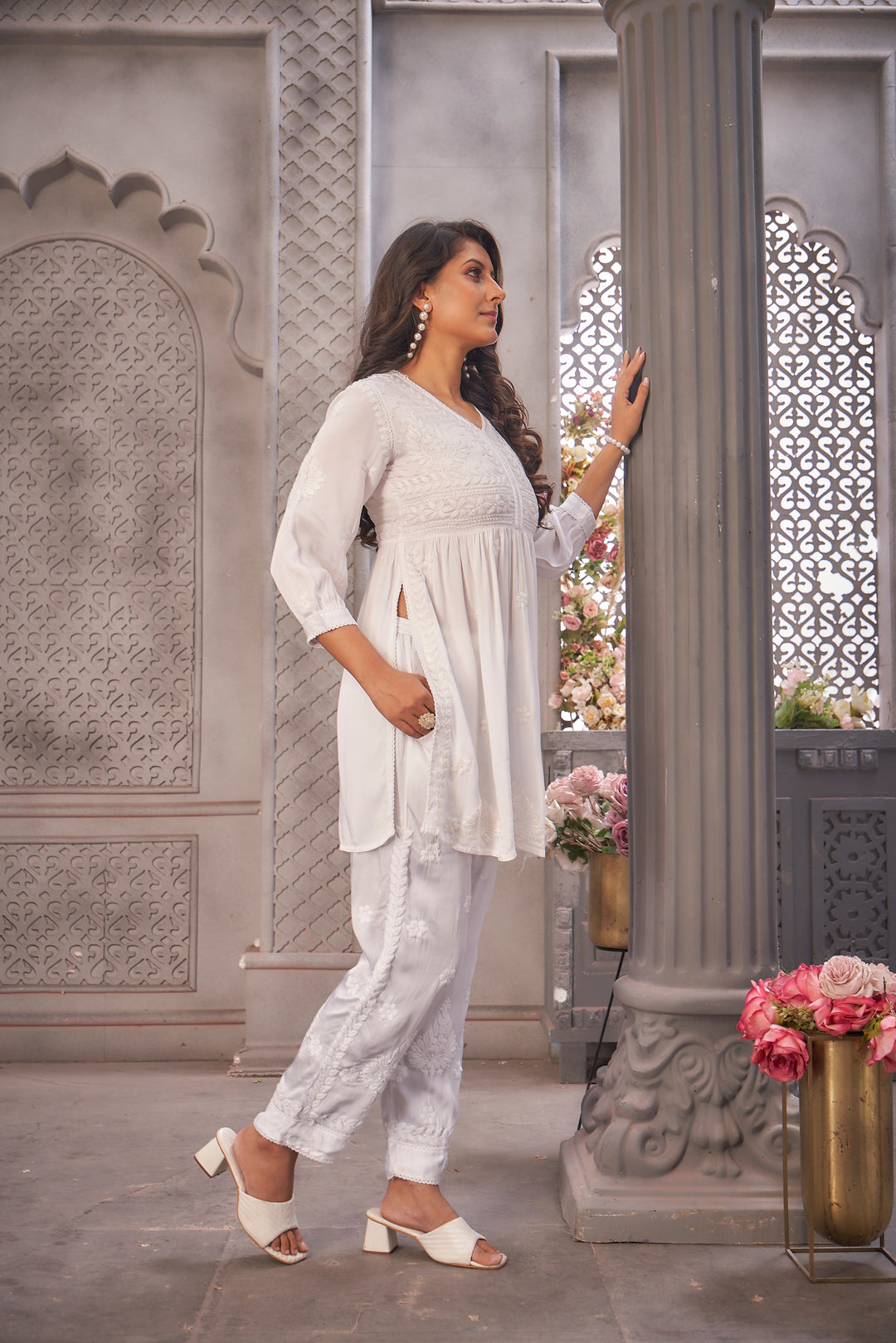 Meesha Modal Satin White Pant Set