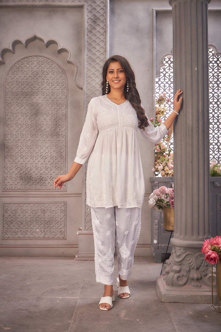 Meesha Modal Satin White Pant Set