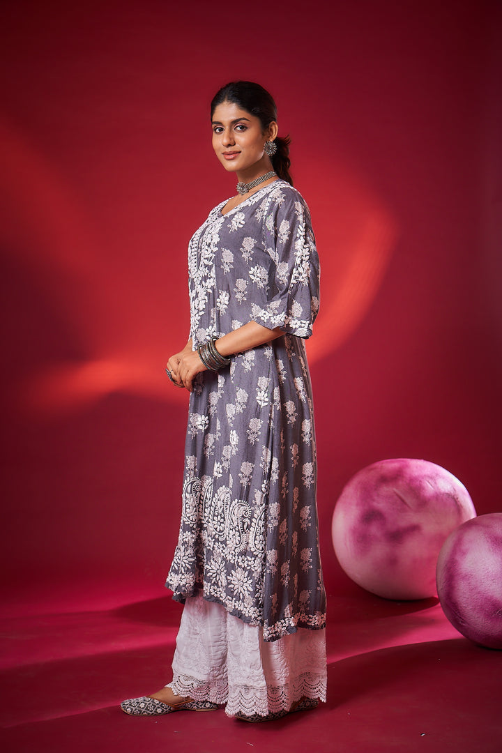 Ajiya Chikankari Muzlin Printed Long Dress