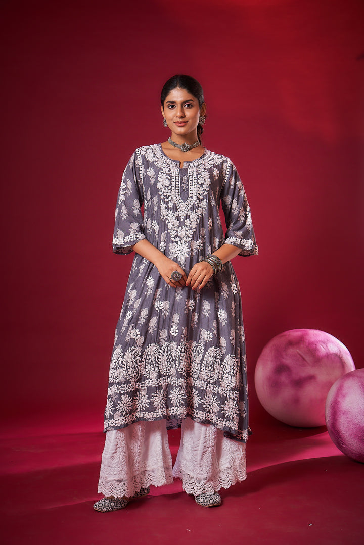 Ajiya Chikankari Muzlin Printed Long Dress