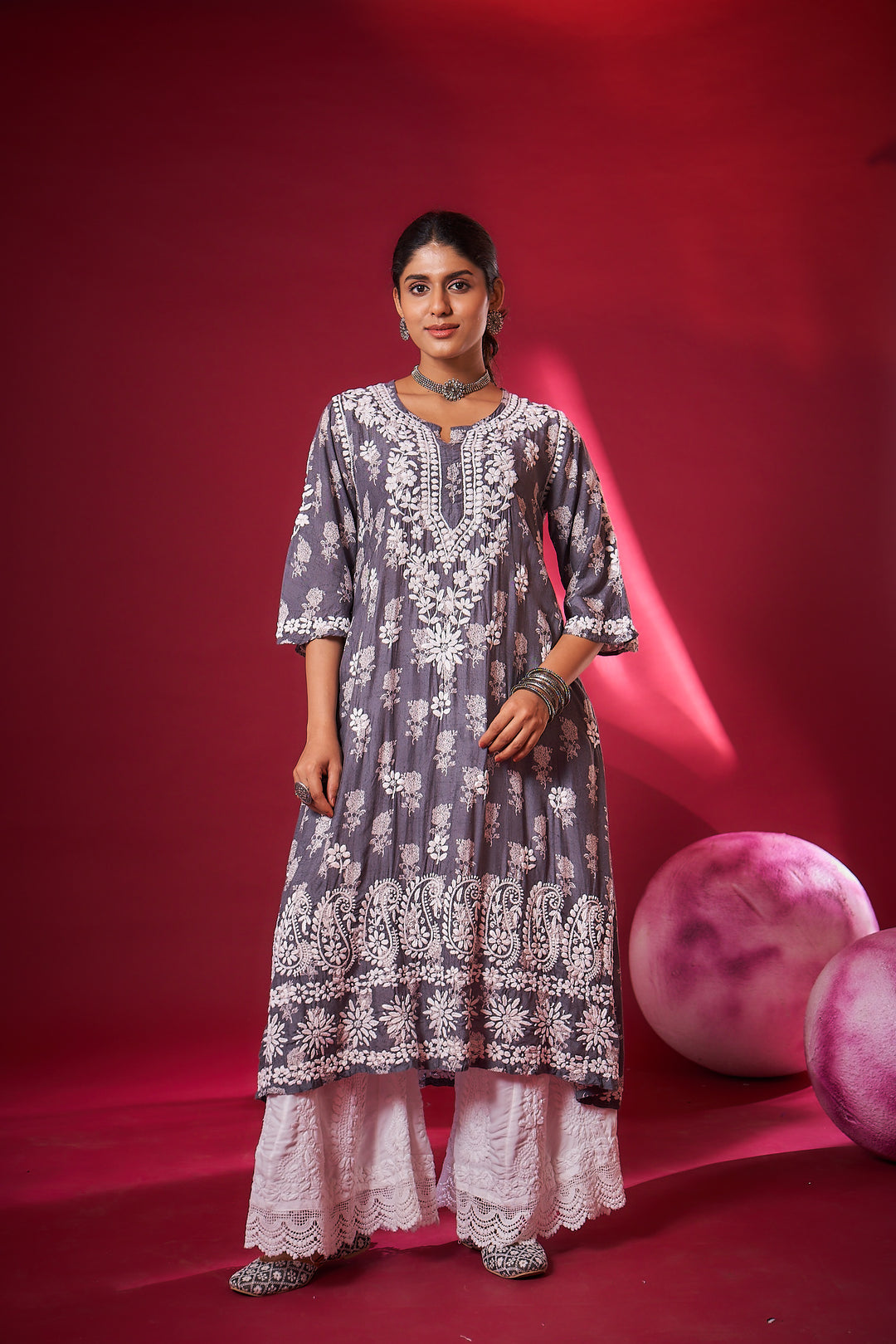 Ajiya Chikankari Muzlin Printed Long Dress