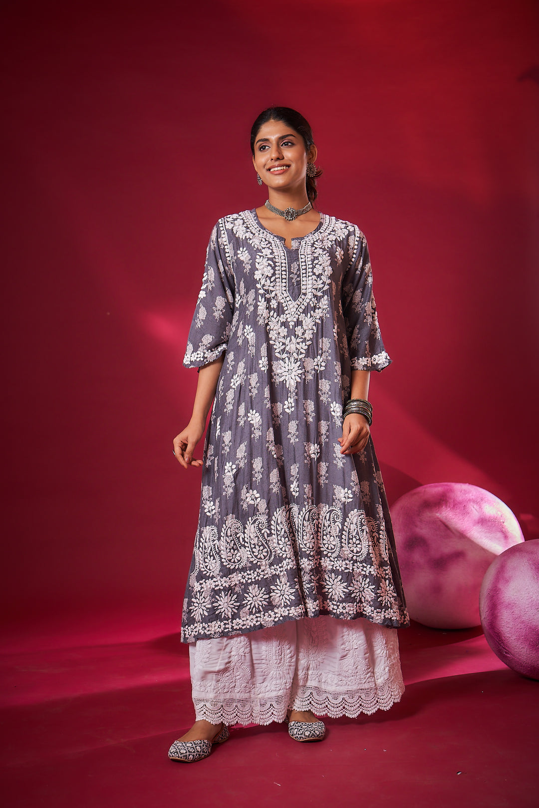 Ajiya Chikankari Muzlin Printed Long Dress