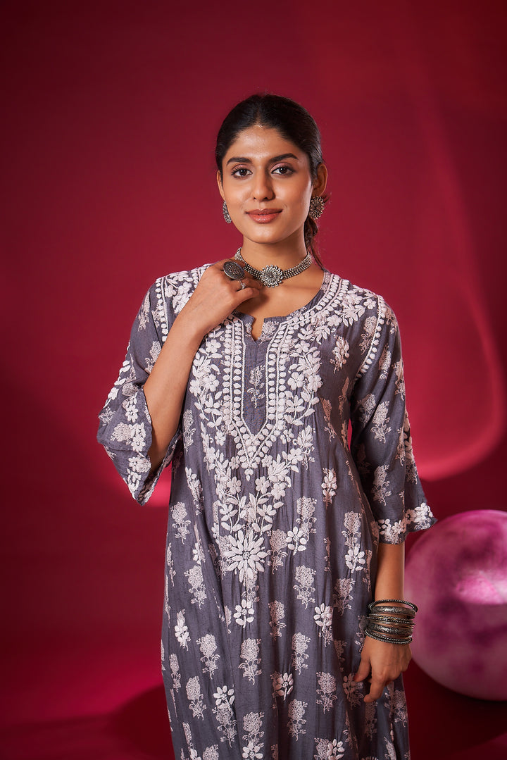 Ajiya Chikankari Muzlin Printed Long Dress