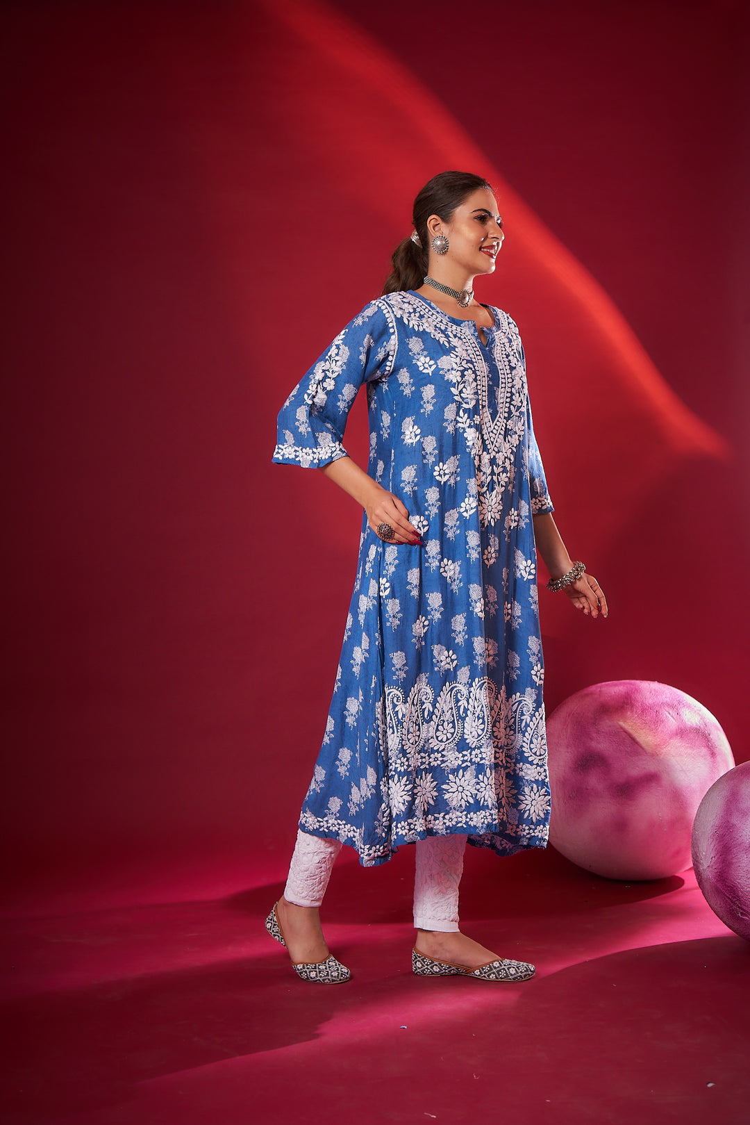 Ajiya Chikankari Muzlin Printed Long Dress