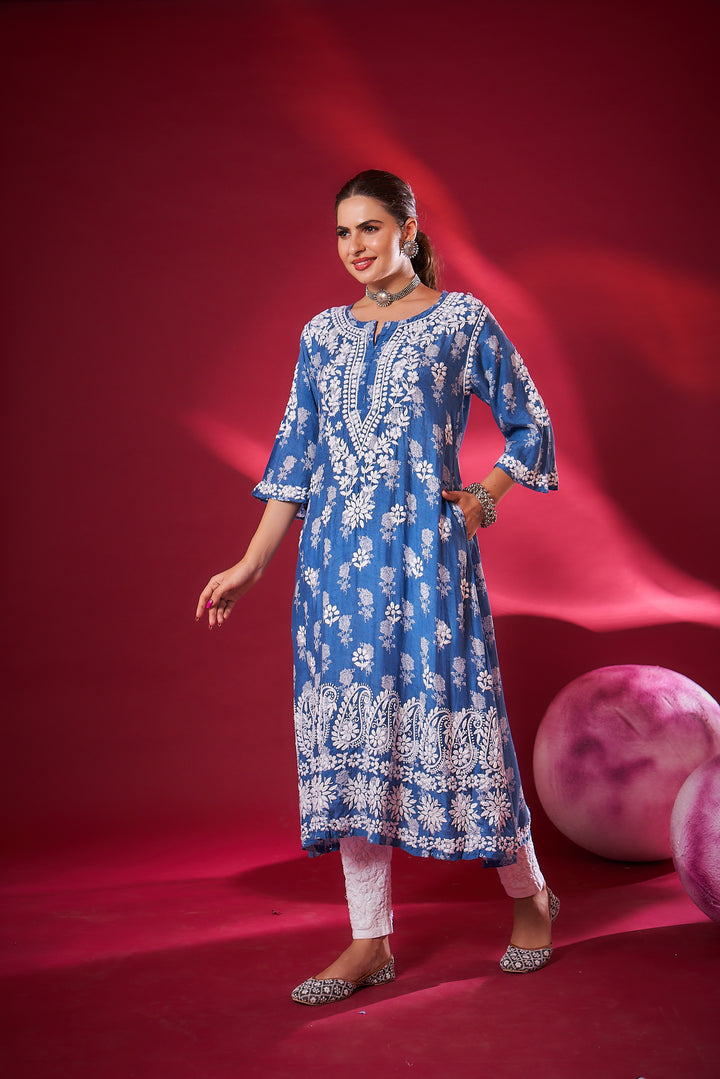 Ajiya Chikankari Muzlin Printed Long Dress