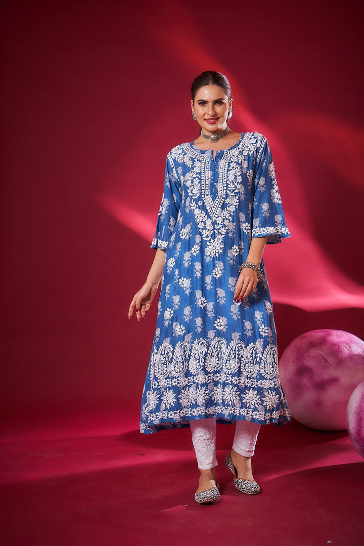 Ajiya Chikankari Muzlin Printed Long Dress