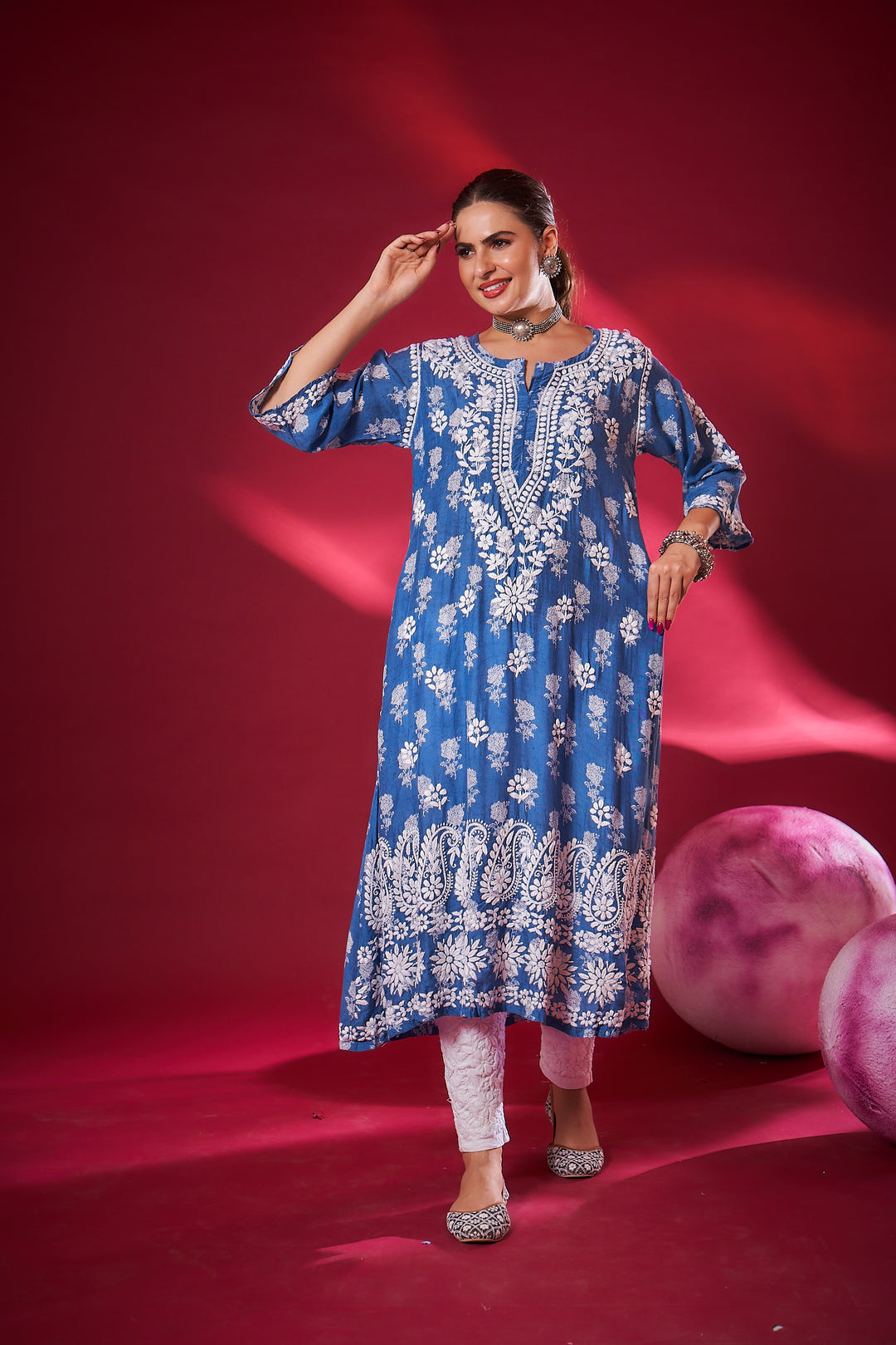 Ajiya Chikankari Muzlin Printed Long Dress