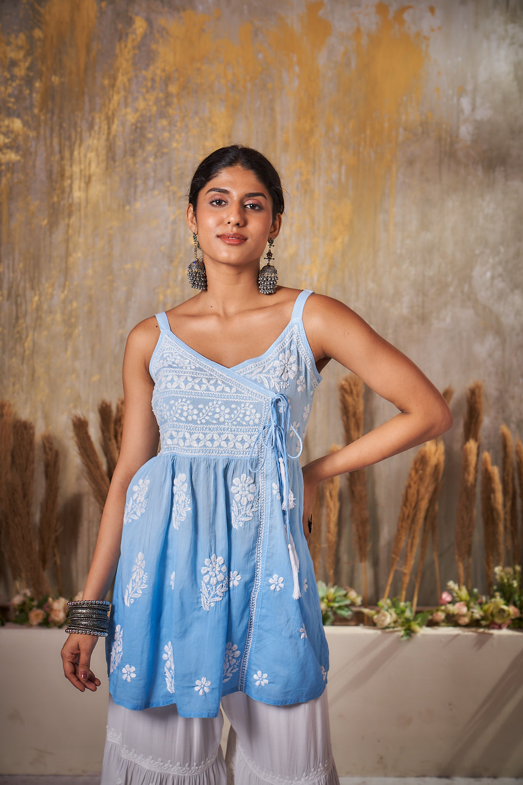 Khushi Chikankari Cotton Sleeveless Short Dress