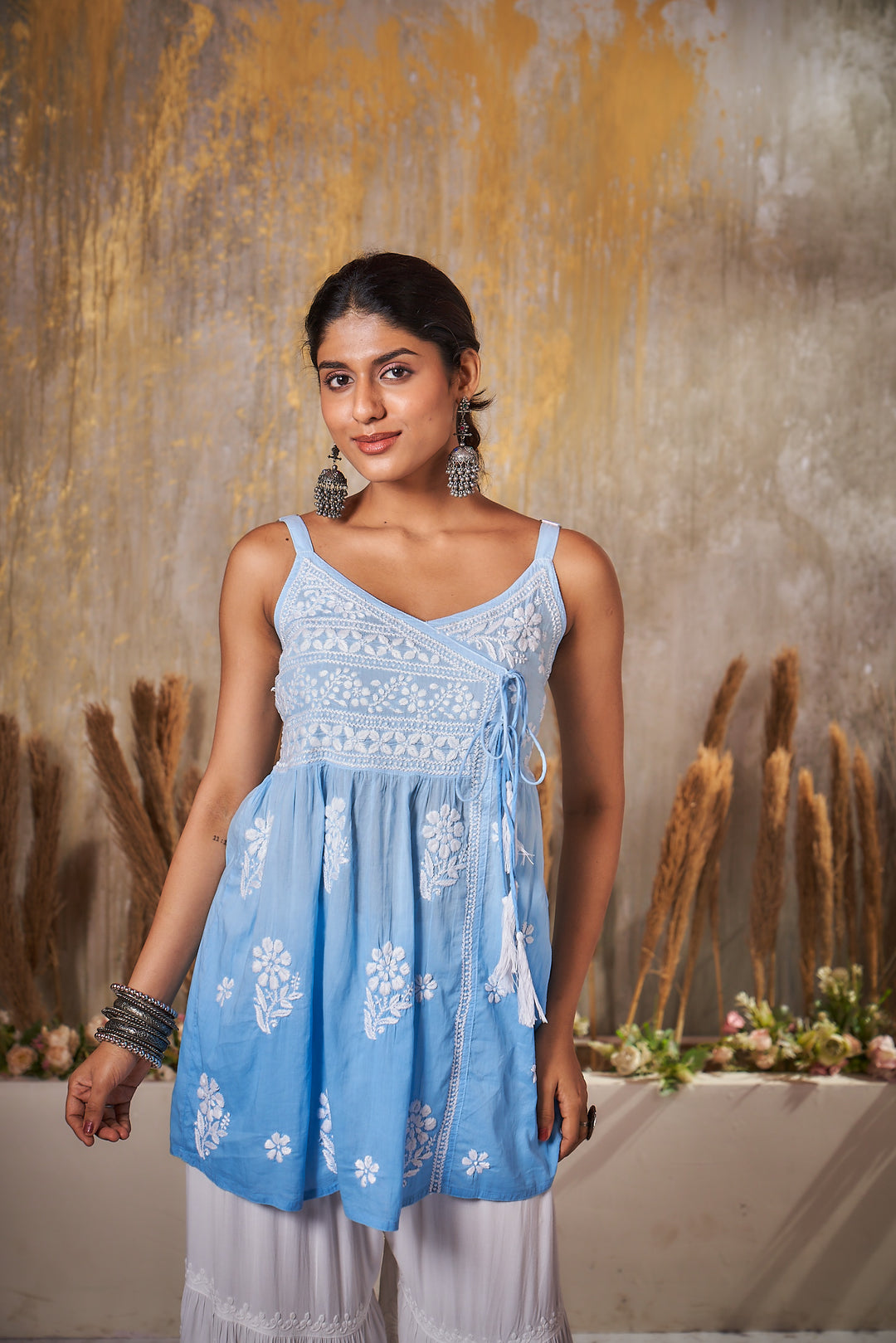 Khushi Chikankari Cotton Sleeveless Short Dress