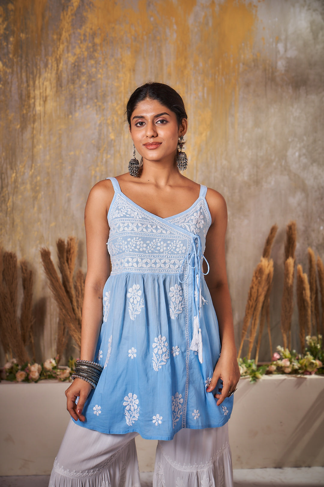 Khushi Chikankari Cotton Sleeveless Short Dress