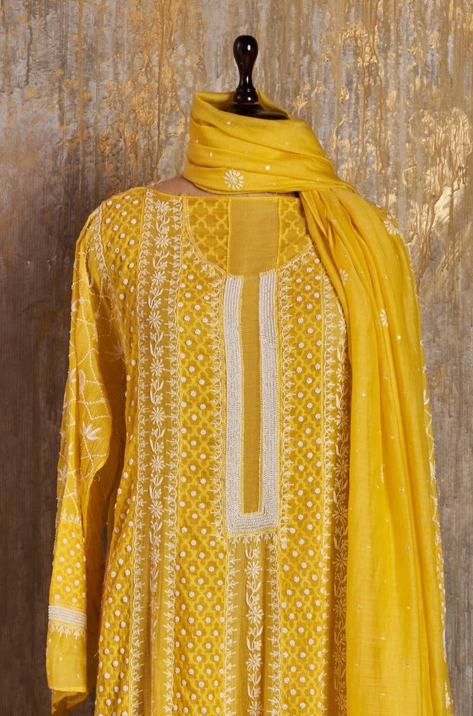 Unstitched Mul Chanderi Anarkali Set