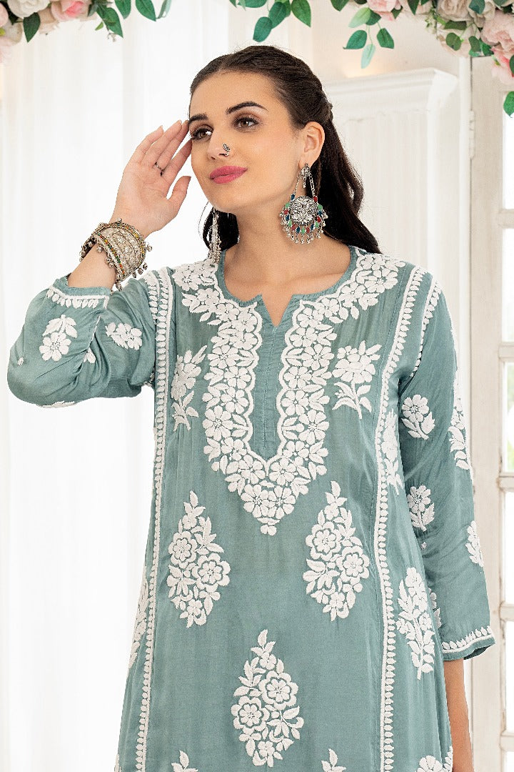 Kainat Chikankari Modal Satin Kurti