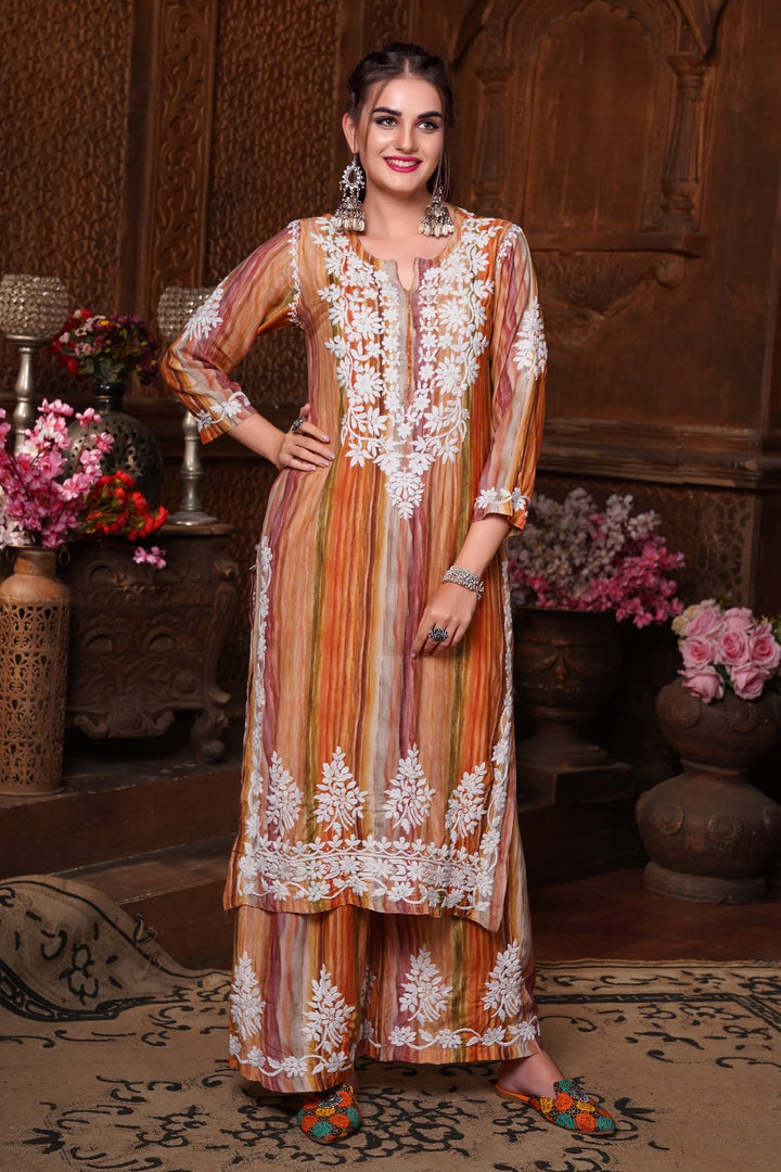 Rangin Chikankari Muzlin Printed Palazzo Set