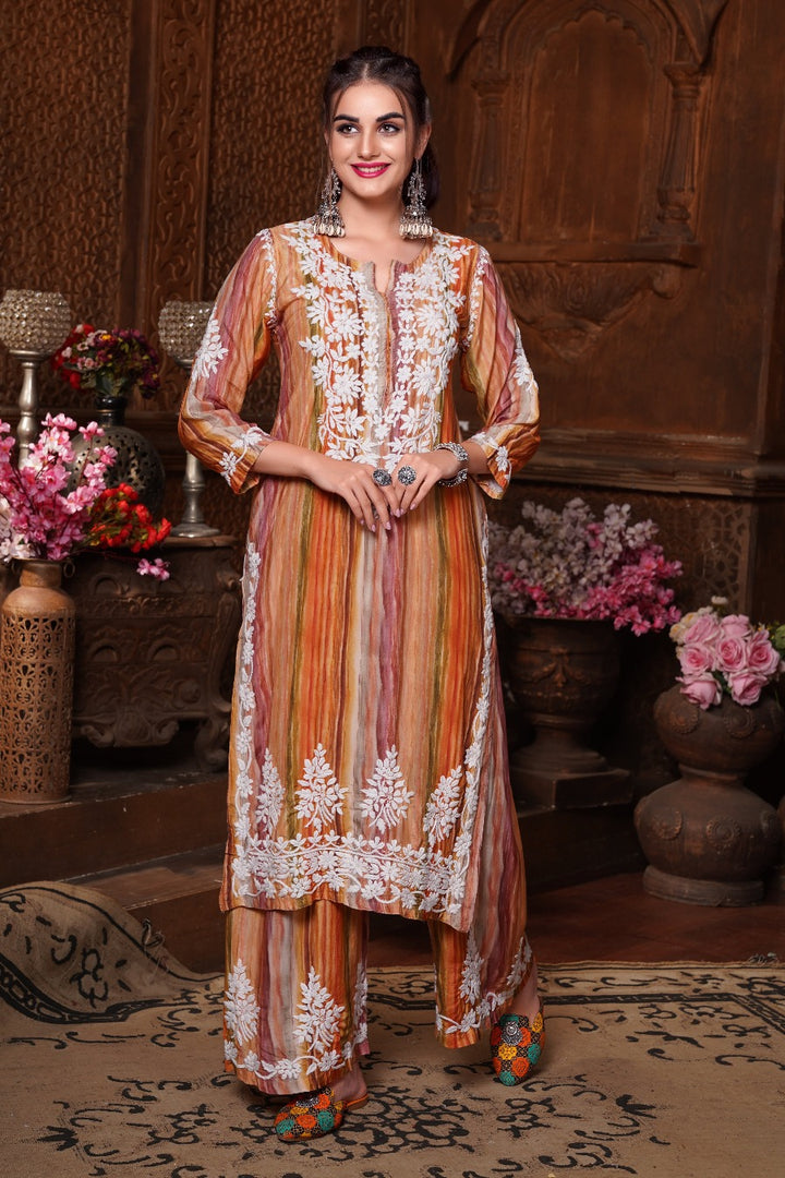 Rangin Chikankari Muzlin Printed Palazzo Set