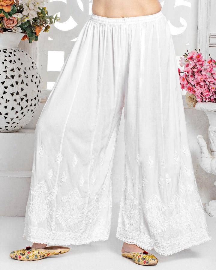 Women Straight style Rayon fabric White color Palazzo with lace at bottom