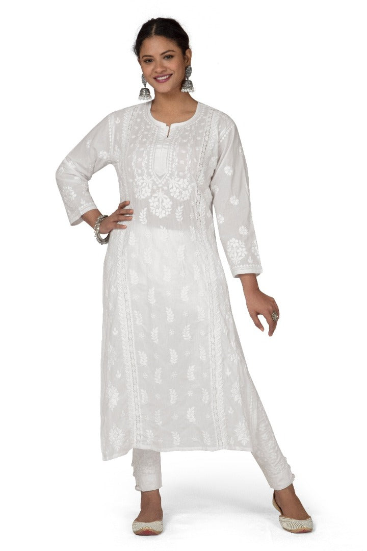 Cotton White Kurti - Flower Design