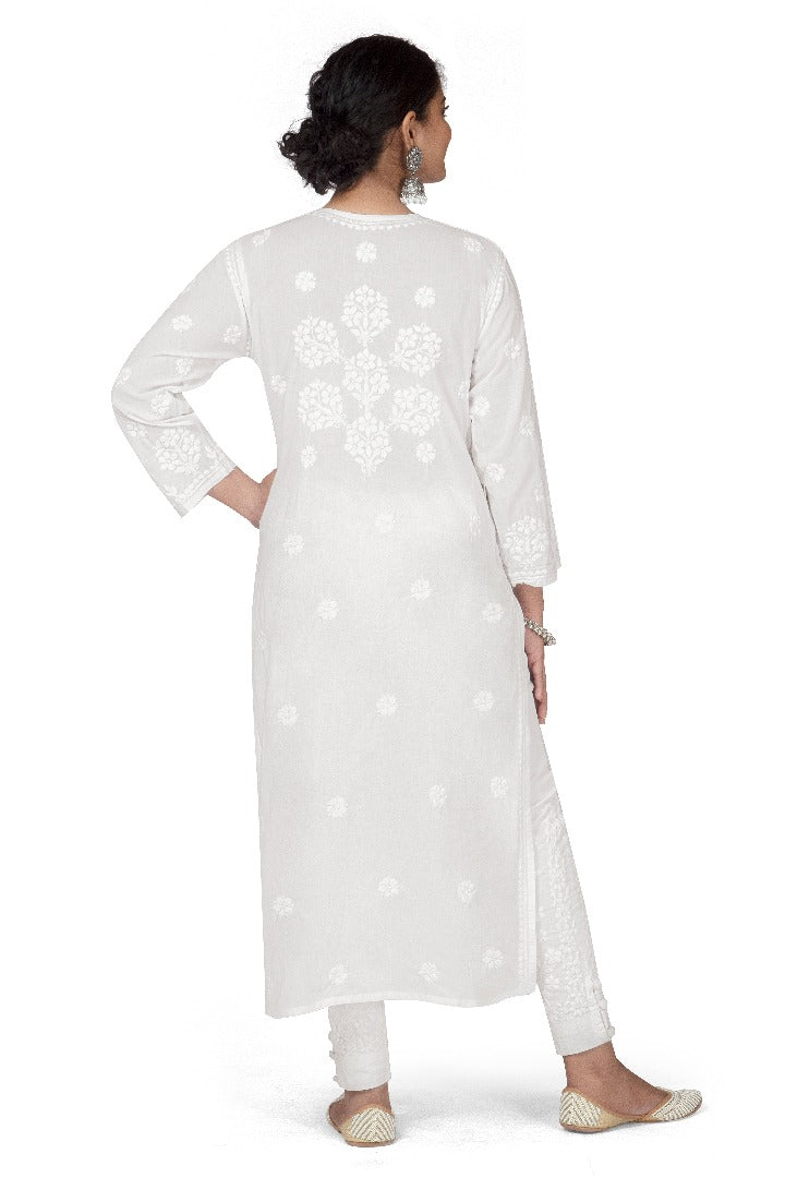 Cotton White Kurti - Flower Design