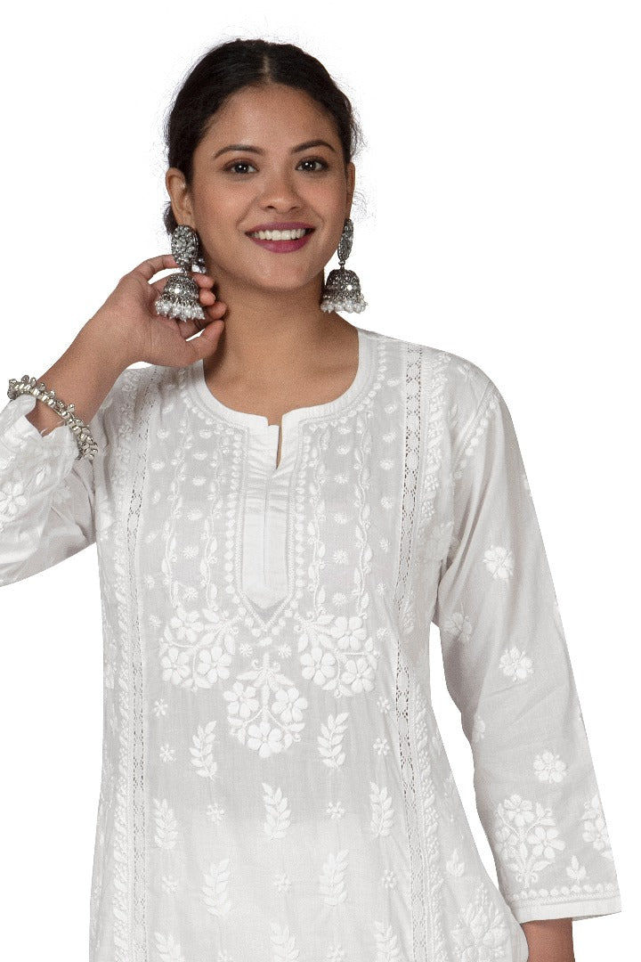 Cotton White Kurti - Flower Design