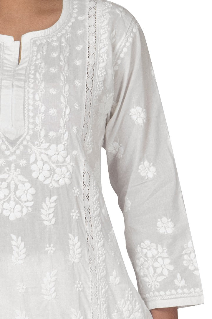 Cotton White Kurti - Flower Design