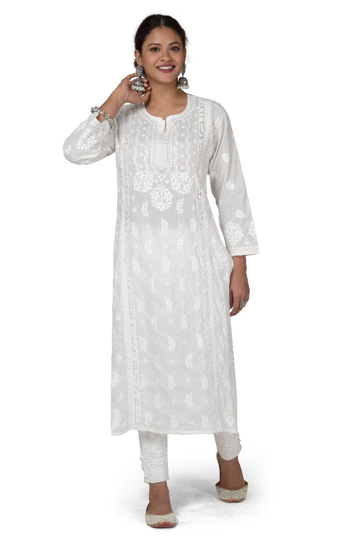 Cotton White Kurti - Flower Design