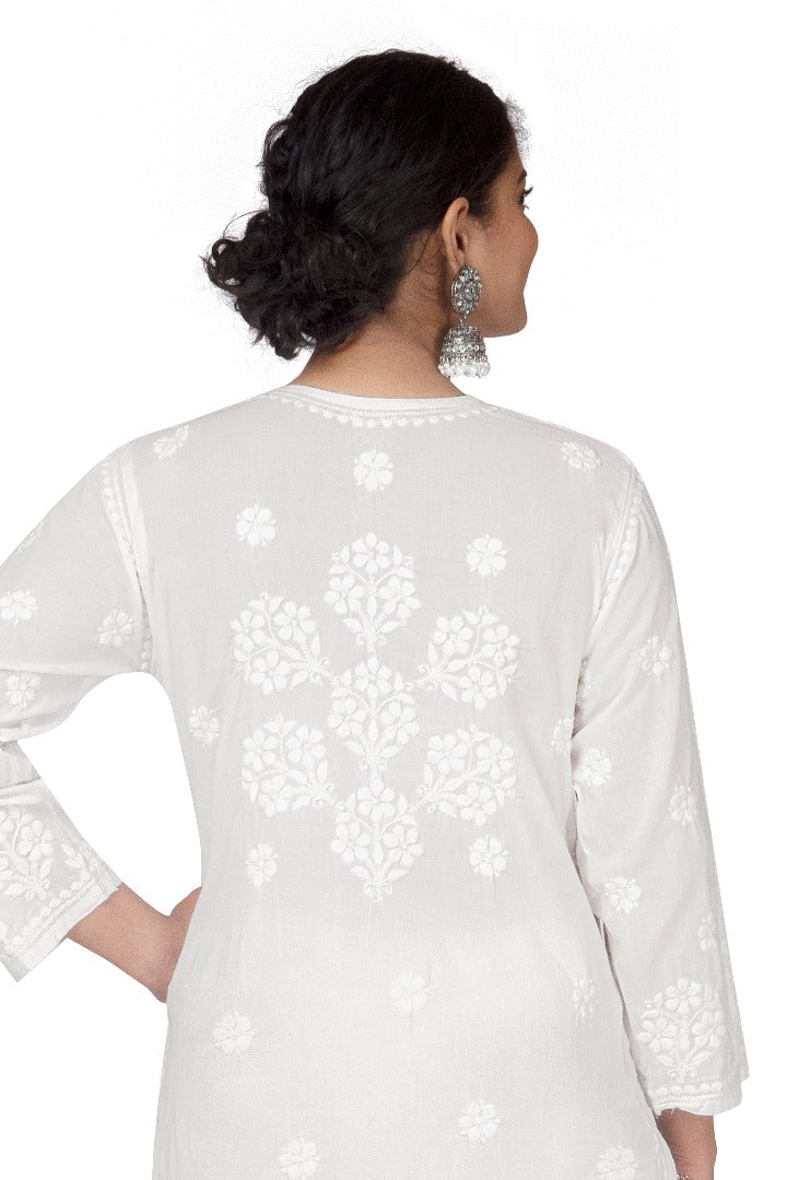 Cotton White Kurti - Flower Design