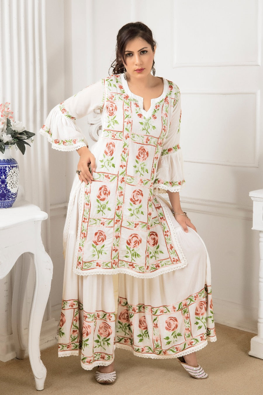 Afiya Chikankari Modal Floral Gharara Set