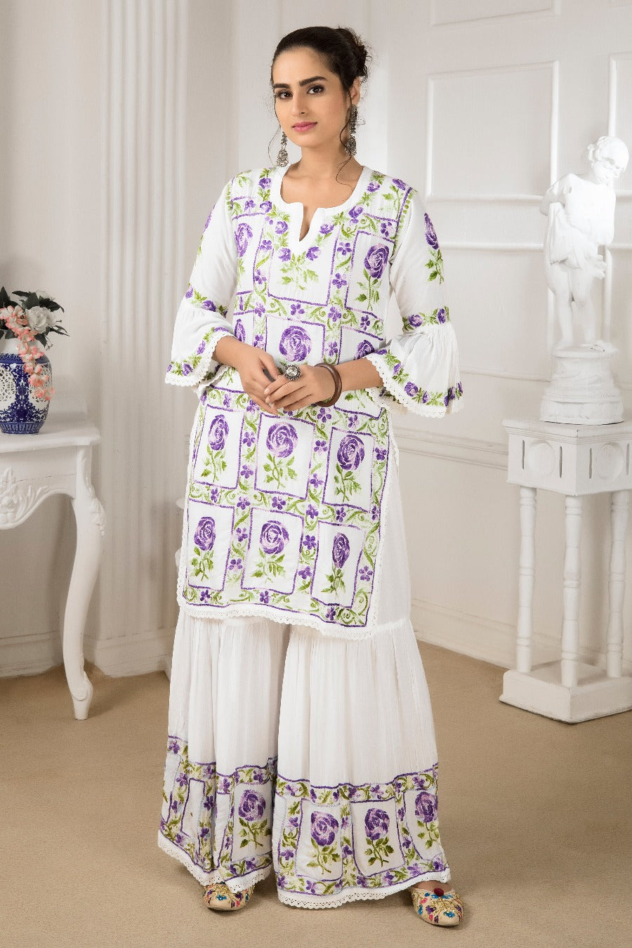 Afiya Chikankari Modal Floral Gharara Set
