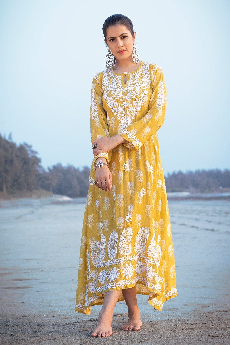 Ajiya Chikankari Muzlin Printed Long Dress