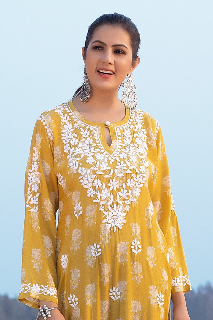 Ajiya Chikankari Muzlin Printed Long Dress