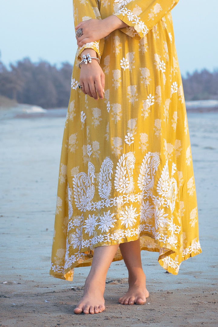 Ajiya Chikankari Muzlin Printed Long Dress