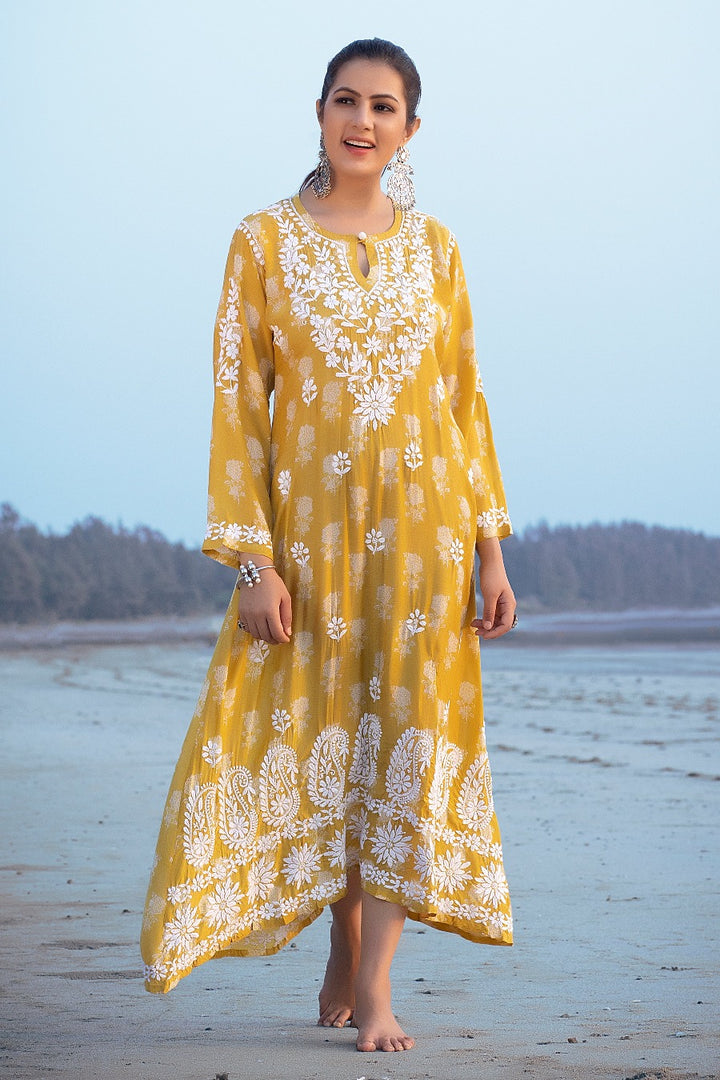 Ajiya Chikankari Muzlin Printed Long Dress