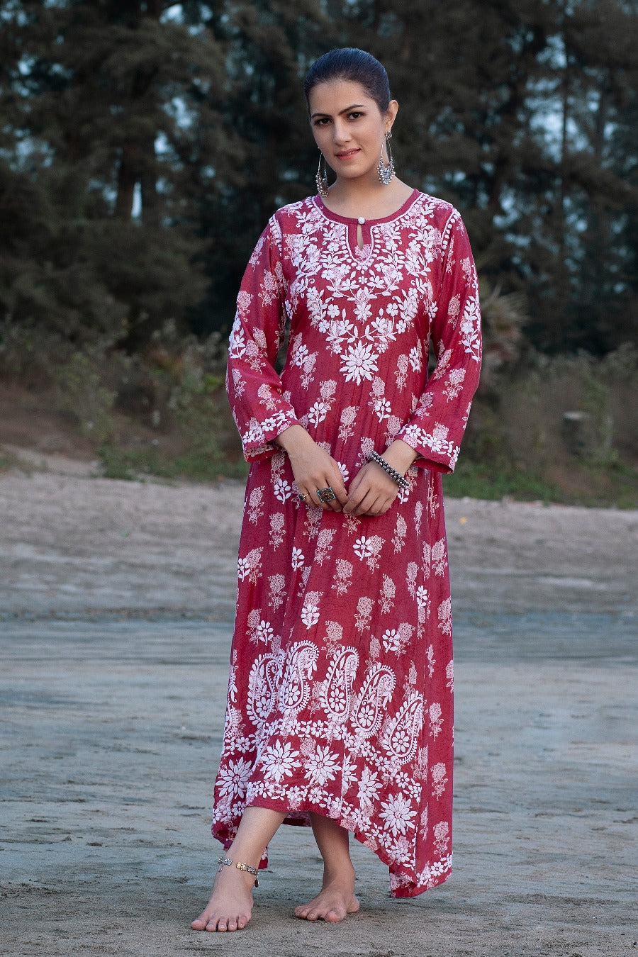 Ajiya Chikankari Muzlin Printed Long Dress