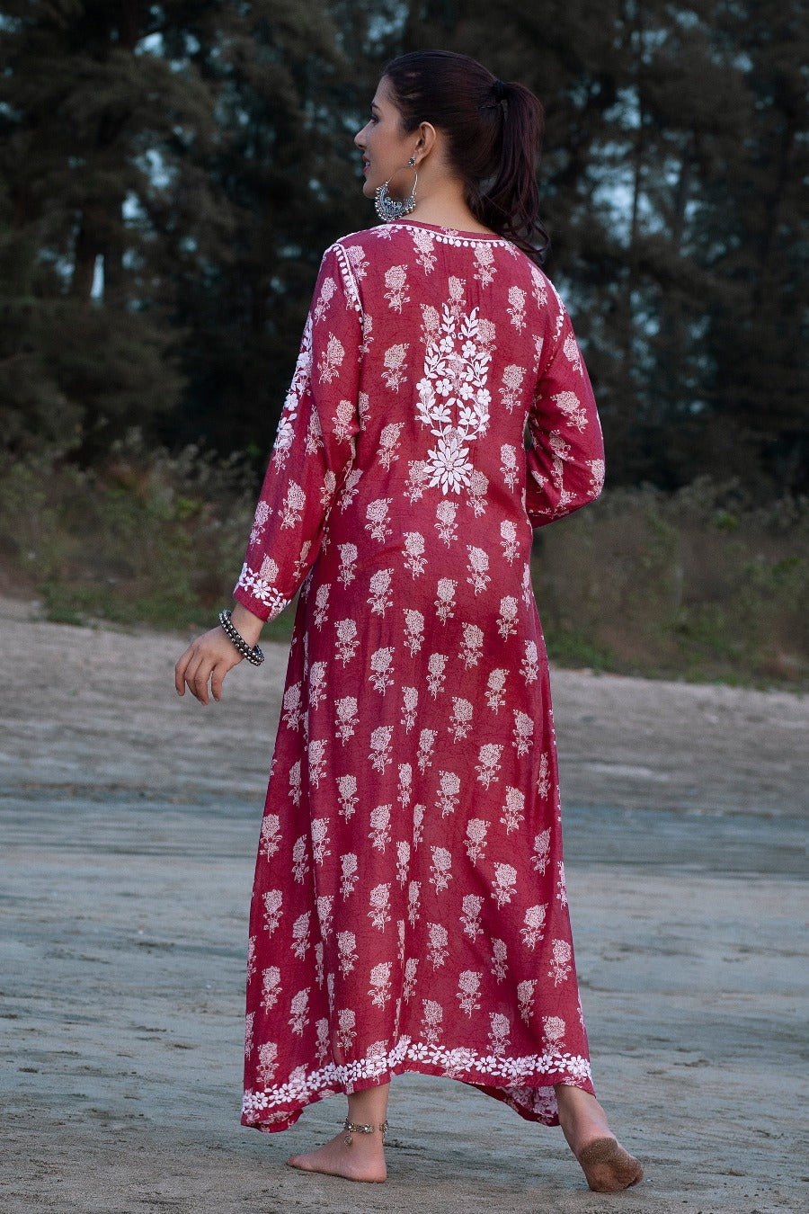 Ajiya Chikankari Muzlin Printed Long Dress