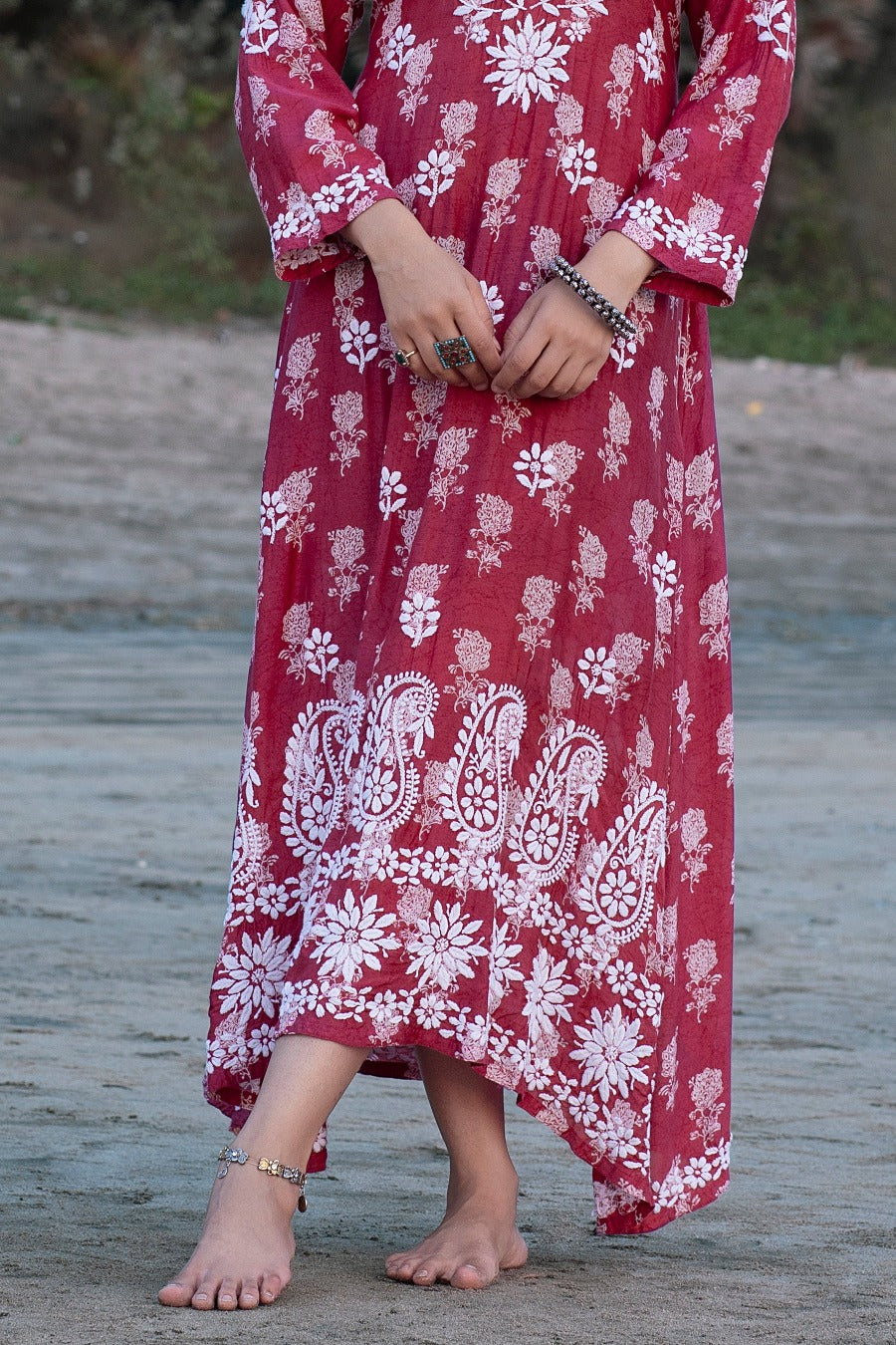 Ajiya Chikankari Muzlin Printed Long Dress