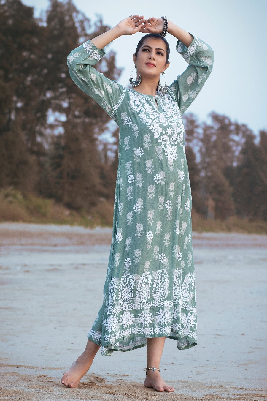 Ajiya Chikankari Muzlin Printed Long Dress