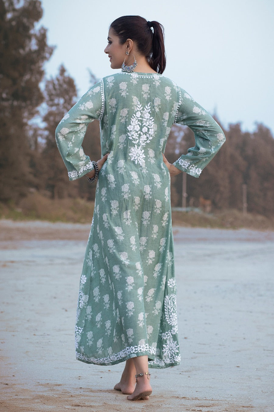 Ajiya Chikankari Muzlin Printed Long Dress