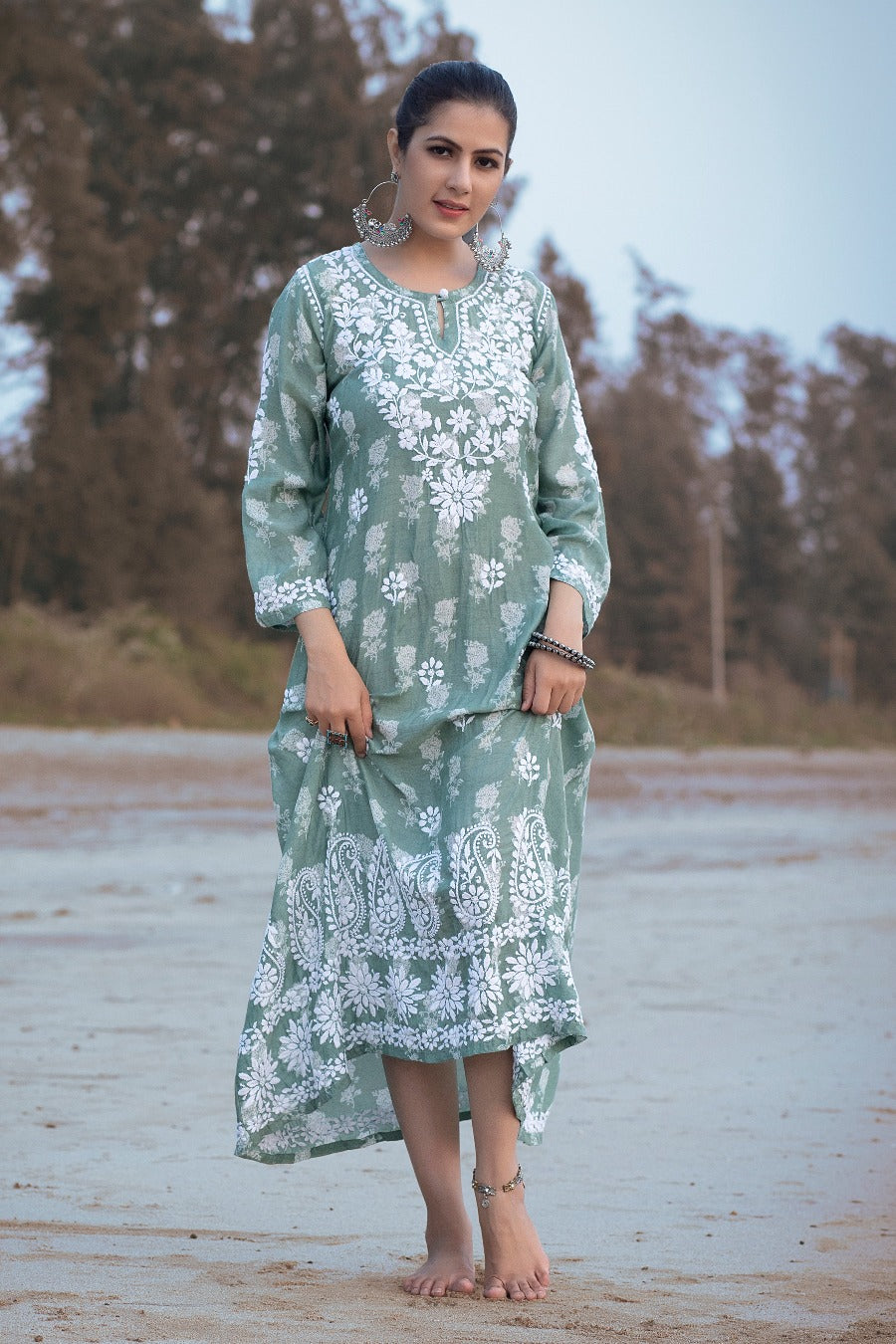 Ajiya Chikankari Muzlin Printed Long Dress