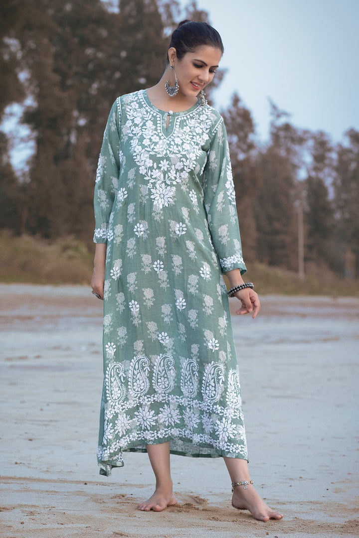 Ajiya Chikankari Muzlin Printed Long Dress